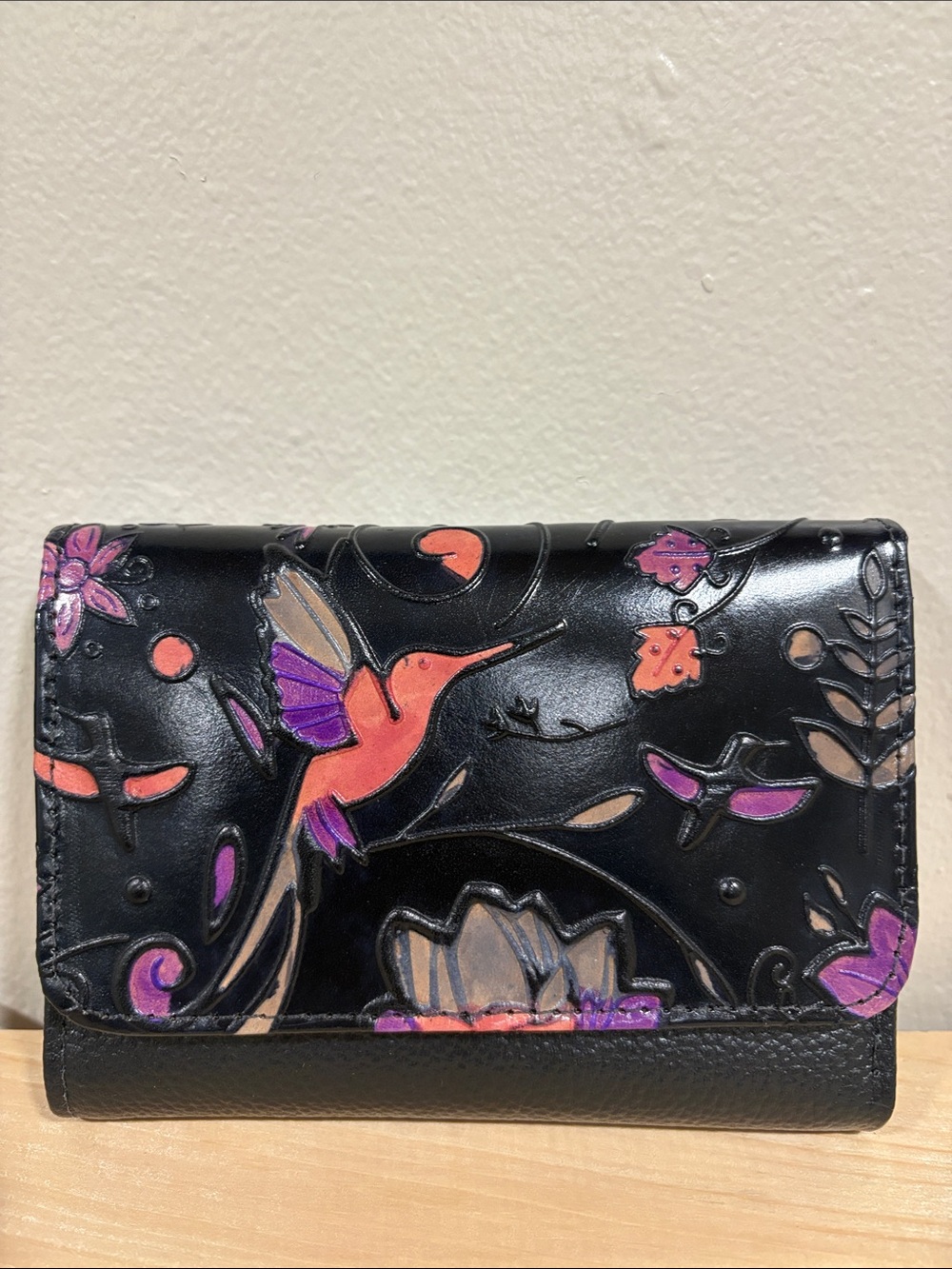 Black Floral Hummingbird Leather Wallet